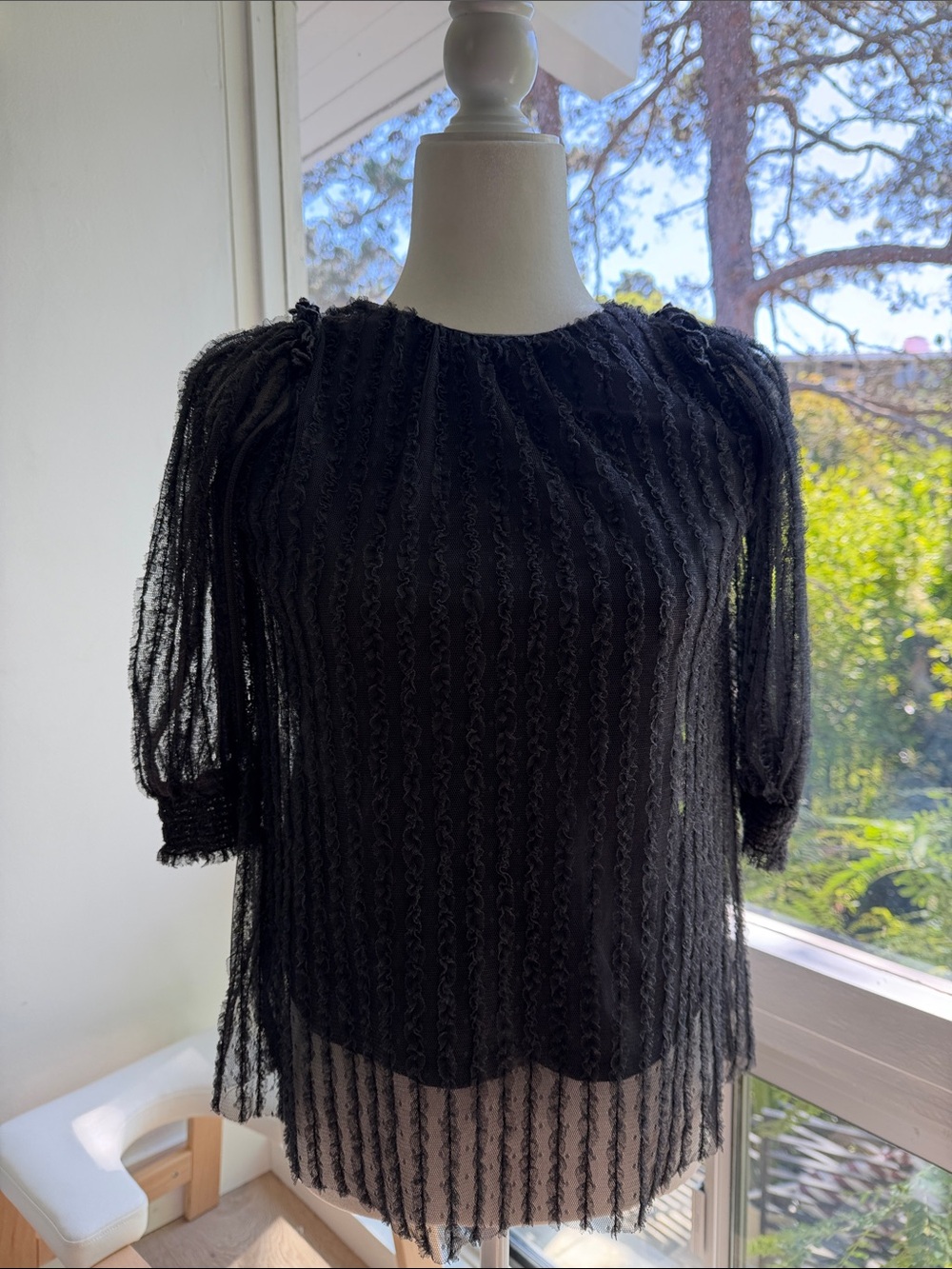 ZARA Fringe Mesh Short Sleeve Top in Black Size 6